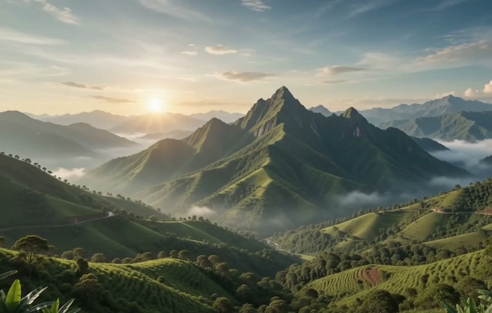 Sunrise over the mist-filled coffee valleys and terraced plantations of Huila