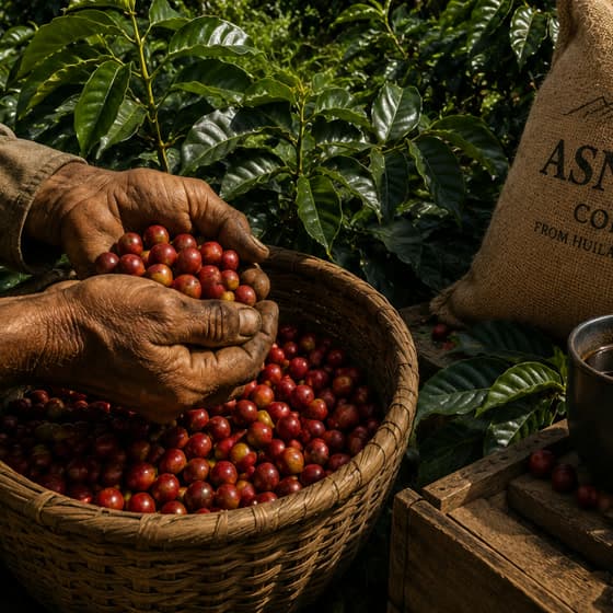 A farmer sorting cherries by hand over a woven basket