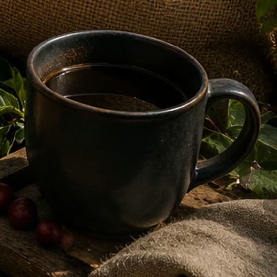 A dark ceramic mug of freshly brewed coffee