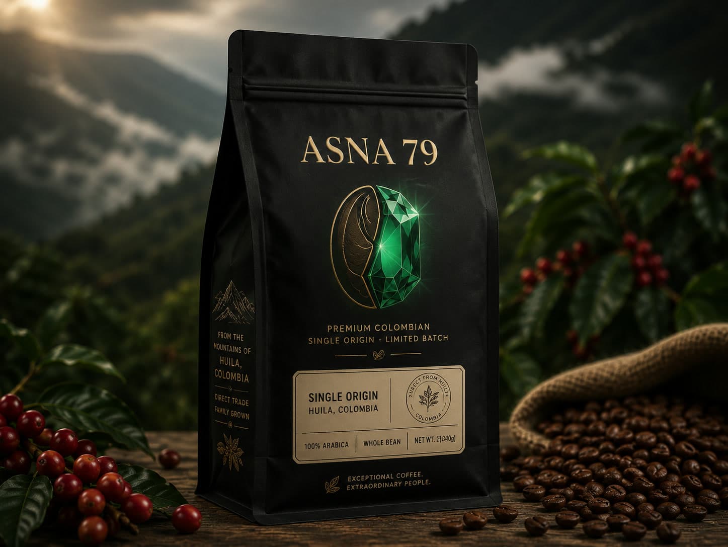 The ASNA 79 single origin bag in near-black with the gold wordmark and emerald bean mark, against the Huila mountains