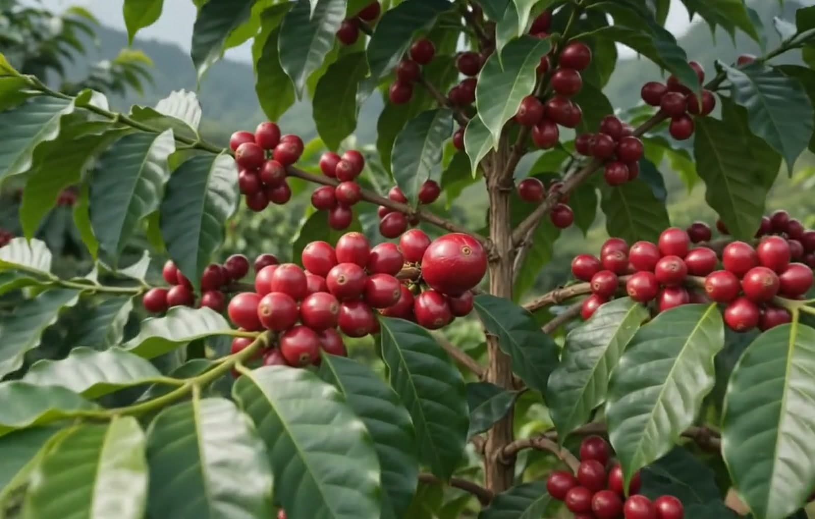 Ripe coffee cherries on the branch in a Huila plantation