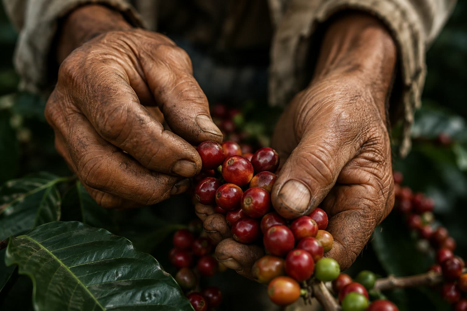 Close view of weathered hands cradling freshly picked red coffee cherries