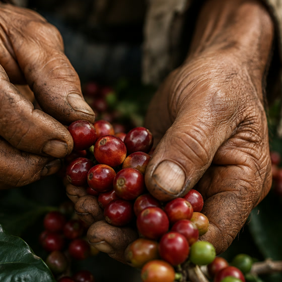 Hands picking ripe red coffee cherries from the branch