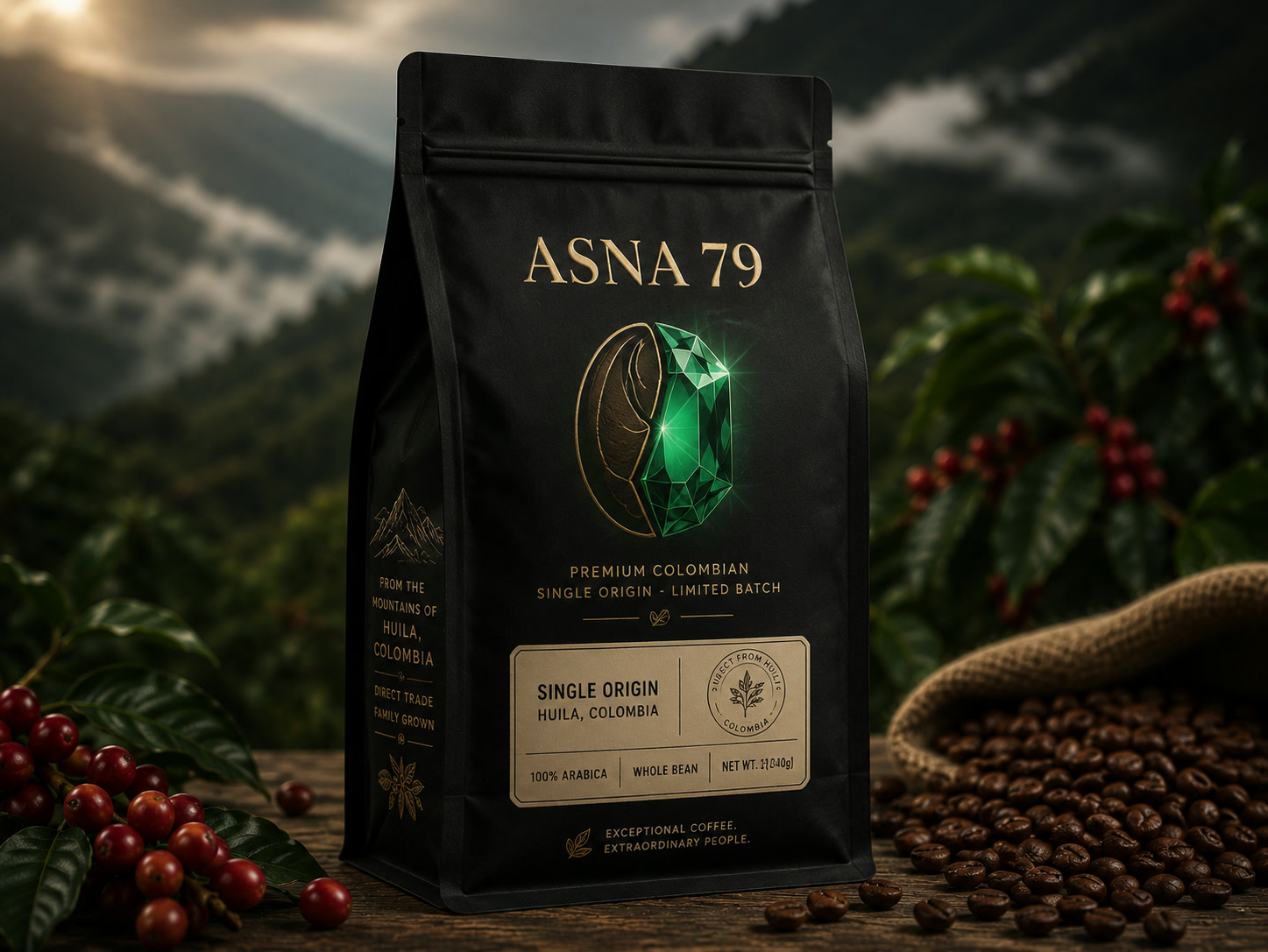 The ASNA 79 single origin bag in near-black with the gold wordmark and emerald bean mark, against the Huila mountains